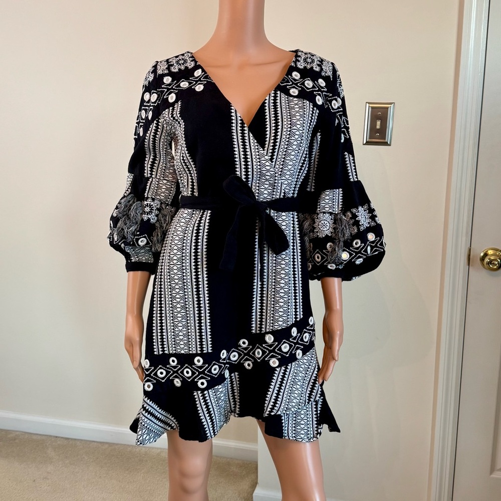 River Island Boho Festival Hippie Cotton Woven Tribal Puff Sleeve Mini Dress 10